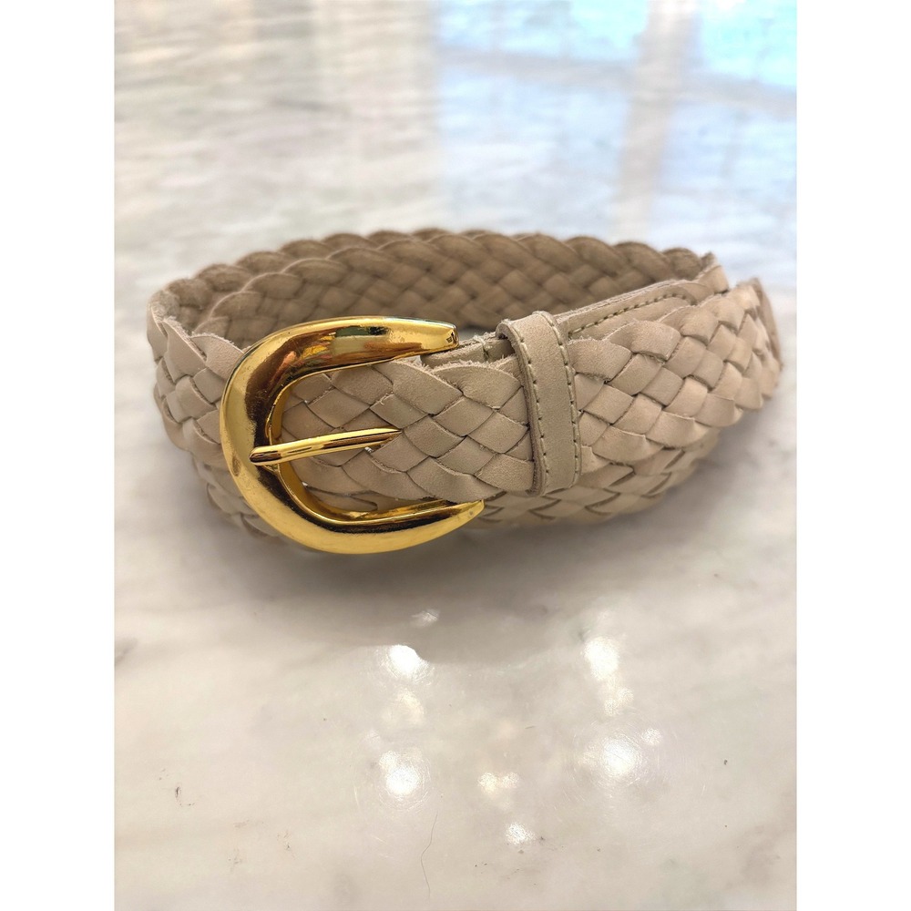 NY Style Braided Belt Womens Medium Beige Cream Suede Leather Gold Buckle Woven
